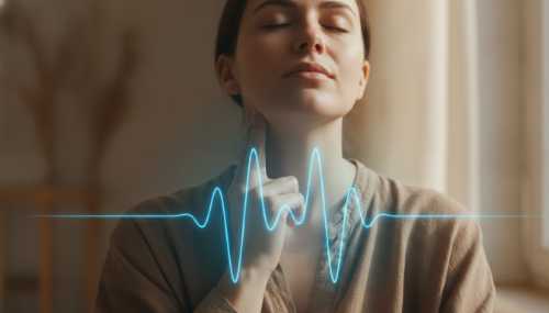 A close-up shot of a person with eyes closed in a calm, meditative state, gently touching their carotid pulse on their neck with two fingers. A subtle, glowing blue wave expands from their heart and neck, symbolizing the vagus nerve and cardiac sístole synchronization. Soft, warm natural light filtering through a window, serene atmosphere, shallow depth of field.