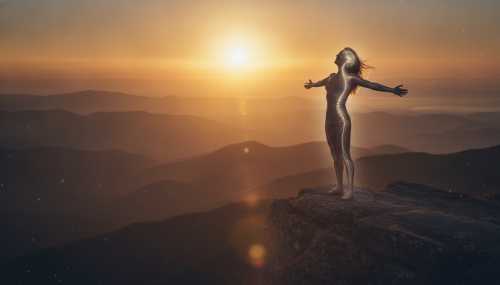 An empowering, photorealistic shot of a person standing at the edge of a mountain cliff during a golden sunrise, looking out at the vast landscape with a sense of peace and complete freedom. A faint, clean, white holographic line tracing their nervous system up their spine to their brain is visible, symbolizing total control and reconnection with their body. Uplifting, cinematic composition, vibrant warm colors.