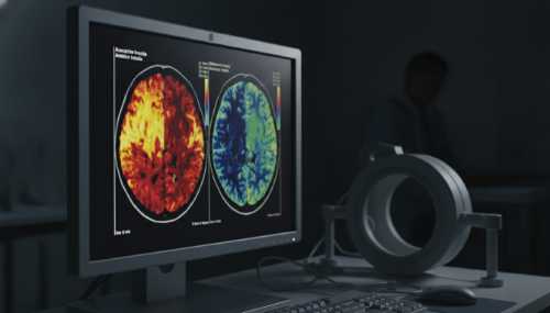 A realistic fMRI brain scan displayed on a sleek diagnostic monitor inside a dark clinical room. The screen shows a side-by-side comparison of a brain: on the left, an overactive anterior insula with bright yellow and red heat map patterns; on the right, a balanced brain with calm, cool blue and green patterns. Professional medical equipment, clean reflections on the glass monitor.