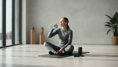 A modern, minimalist wellness studio. An athlete in premium training gear drinking a sparkling electrolyte beverage from a sleek glass bottle after a mobility session. Bright, clean, professional photography, natural morning light.