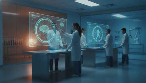 A sleek scientific laboratory setting showing medical professionals analyzing digital neurobiological data of athletes on holographic screens. High-tech, futuristic sports science lab, subtle warm and cool ambient lighting, photorealistic.