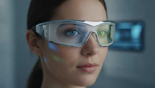 A close-up of a person wearing sleek, futuristic light-therapy glasses that emit a controlled blue and green spectrum light, illuminating their eyes. Photorealistic, clean look, high-tech self-care/biohacking.