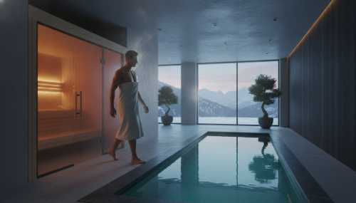 A high-end modern spa scene showing a person exiting a sleek minimalist sauna, with light condensation and steam rising from their skin in a cold air plunge room. Serene, luxurious, therapeutic atmosphere.
