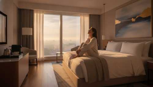 A bright, modern luxury hotel room at sunrise. A person sitting at the edge of the bed in a calm pose, taking a deep breath as warm morning sunlight streams through a large window. Peaceful, biological reset, realistic lighting, warm tones.