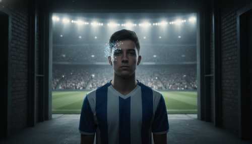 Cinematic, realistic photography of a 17-year-old teenage soccer player standing in a dark stadium tunnel, looking out towards a massive, brightly lit, packed football stadium. The player has a serene, incredibly calm expression. Subtle, elegant glowing blue neural networks trace around his temple, symbolizing ultimate focus and neurological mastery. Moody, high-contrast lighting, 8k resolution, photorealistic, shallow depth of field.