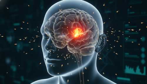 Detailed medical 3D rendering of a human brain inside a translucent head. The amygdala is highlighted, glowing with an intense, warning orange-red heat. Abstract particles of cortisol and adrenaline are depicted as tiny, sharp golden shards scattering from the brainstem. Dark, scientific background, realistic textures, high-tech aesthetic.