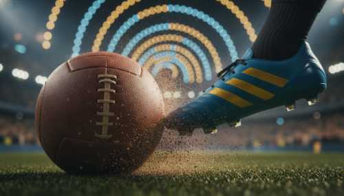 Extremely close-up, high-speed macro photograph of a vintage leather football being struck by a clean soccer boot. The soccer boot and ball are in razor-sharp focus, capturing dust particles exploding from the turf. The background stadium lights and crowd are completely blurred into a beautiful, spinning bokeh of blues and golds. Flow state concept.