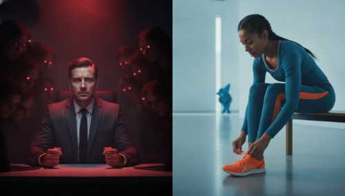 Conceptual high-contrast photographic split-screen. On the left, an anxious corporate professional in a dark room under a harsh red spotlight, surrounded by blurry, judging faces. On the right, a calm athlete in a bright, clean, minimalist environment, focusing entirely on tying their running shoe with absolute precision. Cool blue and warm orange cinematic tones, photorealistic.