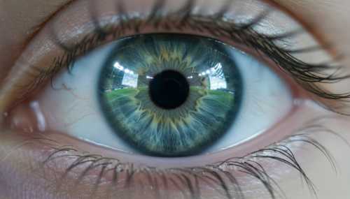 Extreme close-up of a human eye, incredibly detailed iris reflecting a perfectly illuminated green soccer field under a night sky. The eye is wide, calm, and glassy, showing absolute clarity and no signs of stress. Photorealistic macro shot, capturing individual eyelashes and the complex patterns of the iris, cool blue and green tones.