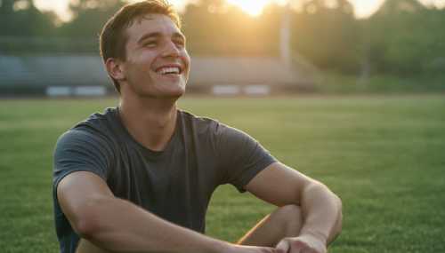 A candid, authentic photograph of a young male athlete sitting on the grass of a sports field after a hard workout, smiling with deep, genuine satisfaction. He is looking up towards the morning sun, sweat glistening on his forehead. Beautiful, warm golden hour backlighting, realistic skin texture, shallow depth of field, depicting pure dopamine and task mastery.