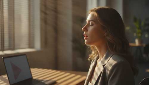 Close-up cinematic shot of a young, professional woman practicing the physiological sigh. Her eyes are closed in peaceful concentration, sitting at a desk with a laptop in a modern, sunlit office. Soft, warm natural light filtering through window blinds, creating a calm, meditative atmosphere. Pure focus and calm nervous system.