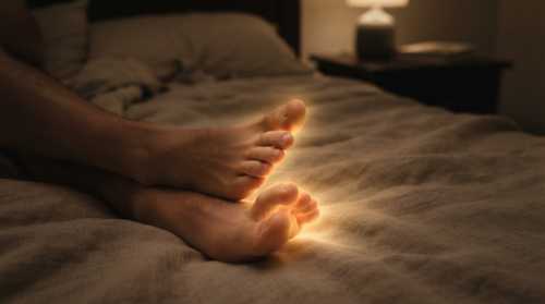 Close-up, high-detail macro photograph of a person's feet relaxing on soft, luxury linen bedsheets at night. A gentle, warm golden light softly glows around the toes and feet, visually representing the focused mental awareness and tactile interoception of the body scan. Cozy, warm ambient lighting, peaceful atmosphere.