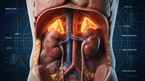 3D medical illustration of the human endocrine system, focusing on the kidneys and the adrenal glands resting on top of them. The adrenal glands are glowing with a warm, fiery amber light, symbolizing the release of cortisol and adrenaline. The background is a clean, dark blue scientific grid. High-tech, anatomical, precise, photorealistic rendering.