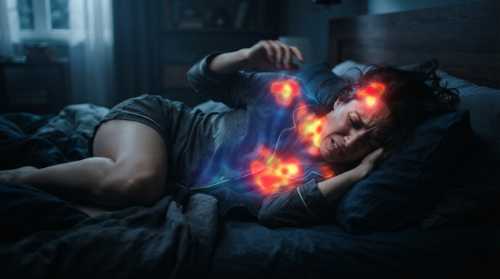 Artistic, moody photograph of a restless person in bed, tossing and turning. Overlaid on their body is a faint, holographic biological heat map showing areas of high stress and tension in red and orange around the head and chest, contrasting with the dark, cool blue shadows of the bedroom. Hyper-realistic, dramatic lighting, 8k.