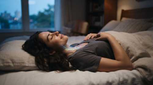 Cinematic side-view photograph of a person lying flat on their back in bed, looking profoundly peaceful and relaxed with closed eyes. A subtle, glowing blue and green bio-luminescent pathway runs along the neck and chest, representing the soothing activity of the vagus nerve. Soft ambient twilight filtering through a window, serene, photorealistic.