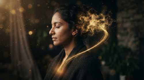 Symbolic, artistic close-up profile of a person with closed eyes in a state of quiet meditation. Soft, glowing golden particles of light slowly transition from a chaotic cloud near the back of the head into a single, focused stream of light flowing down towards their heart and body, representing the mindful redirection of attention. Dreamy, dark background, ultra-detailed.