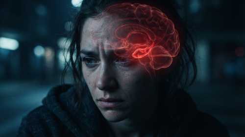 A close-up of a person in a state of high stress, with a double exposure effect showing their active amygdala glowing deep red within a stylized brain cross-section. The overall tone is intense and biological, with cool blue ambient light contrasting with the warm red warning signal of stress hormones in the bloodstream. Detailed skin texture, cinematic and moody.