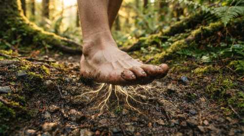 A close-up shot of bare feet firmly pressing into solid, damp earth mixed with small stones and green moss. High detail on the skin texture and the texture of the ground, with subtle golden light roots spreading from the soles of the feet deep into the ground, symbolizing grounding and stability. Photorealistic, shallow depth of field, warm morning light.