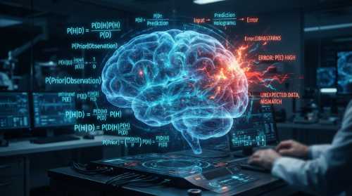A high-tech digital and biological visualization of a human brain functioning as a Bayesian predictive machine. Glowing holographic mathematical equations and data streams overlaying a translucent 3D model of a brain, with some areas showing red error sparks where the ground expectation is broken. Deep blues, electric cyans, and warning oranges. High-tech, clean scientific aesthetic, photorealistic rendering.