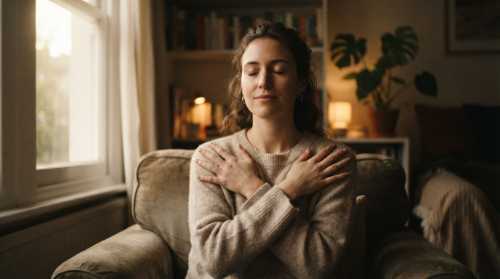 A person performing the 'butterfly hug' technique, arms crossed over their chest, hands tapping their shoulders. The setting is a calm, dimly lit room with soft ambient light filtering through a window, creating a serene and safe environment. The person has a peaceful expression, eyes closed, focus on slow breathing. Photorealistic, warm tones, intimate and soothing composition.