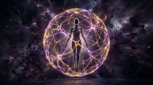 An abstract, beautiful representation of a resilient neural network. Glowing nerve pathways weaving together to form a strong, flexible mesh or shield around a stylized human figure. The background is a storm of chaotic dark particles, but the glowing mesh keeps the figure protected and perfectly balanced. High-end sci-fi medical illustration, vibrant gold and deep purple color palette.