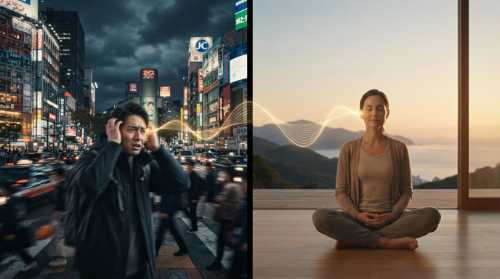 A split screen or dual representation showing a chaotic, vibrating cityscape on one side and a person finding perfect internal equilibrium and stillness on the other. A subtle glowing golden wave connects their inner ear (vestibular system) to the stable horizon. Photorealistic, cinematic lighting, symbolizing recalibration and peaceful control.