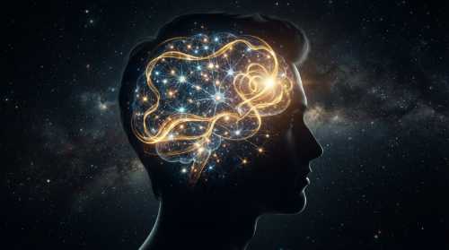 A conceptual, abstract visual representation of brain neurogenesis. A silhouette of a human head from the side, filled with a beautiful, glowing network of neural connections (synapses) that light up like stars in a night sky, with fluid, swirling ribbons of golden light symbolizing cellular growth and cognitive flexibility.