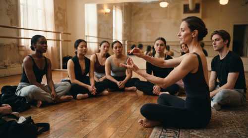 A group of diverse dancers sitting on the wooden floor of a dance studio, watching their instructor demonstrate a delicate hand and arm posture. Their expressions are highly engaged, empathetic, and focused, illustrating cognitive mirroring and social connection. Warm, soft lighting.