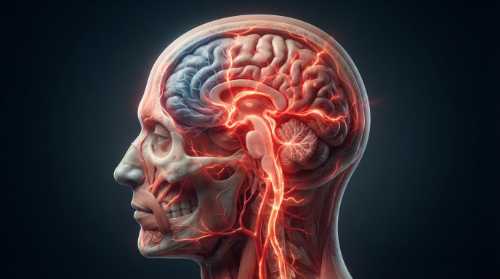 Anatomically detailed medical-style visual showing a human brain during thermal stress. The frontal lobe shows diminished, faint blue blood flow channels, while glowing red and orange energy paths redirect outwards and downwards towards the skin and neck. Dark gradient background, scientific illustration style combined with professional 3D photography, hyper-focused, crisp resolution.