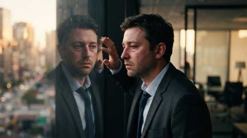 A realistic portrait of a tired male executive in his late 30s looking at his reflections in a dark, glossy office window pane. His face shows mild puffiness, fatigue, and slight redness from the summer heat. In the background, a modern minimalist corporate setting is softly blurred with warm, hazy sunlight. Soft, honest, dramatic cinematic lighting, raw editorial style.