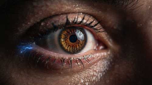 Extreme macro photography of a human eye under stress, capturing tiny droplets of sweat on the eyelid skin and micro-fine eyelashes. The iris is incredibly detailed with deep brown and amber textures. A subtle, metaphorical faint blue electric micro-spark flickering near the outer corner of the eyelid, indicating neuromuscular tension. Dramatic, moody side lighting, high fashion biology style.