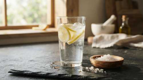 Aesthetic, editorial food photography of a tall, clear glass of refreshing water with lemon slices floating inside, set on a textured dark slate countertop. A small wooden dish next to it holds coarse, mineral-rich sea salt crystals. Beautiful bright morning sunlight filters through a window, casting long, elegant shadows and creating sparkling refractions in the glass. Healthy biohacking lifestyle, high-end editorial.