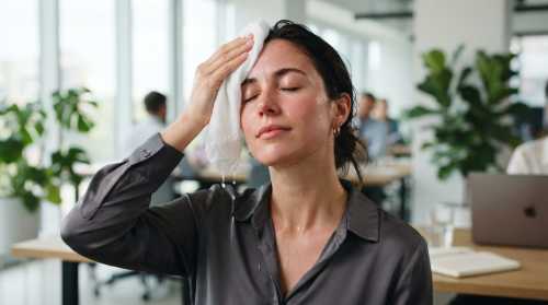 A close-up shot of a professional woman with eyes closed in relief, applying a clean, cold, dripping white cloth to her forehead and temples. Tiny glistening condensation droplets are visible on her skin. Set in a bright, modern, airy workspace with soft focus. The feeling is of immediate cooling, deep relief, and nervous system reset. Clean, crisp, high-end commercial aesthetic.