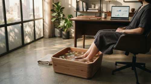 An elegant, high-end wellness scene showing a person's feet submerged in a beautiful, minimalist wooden tub filled with crystal-clear water and a few floating ice cubes. The tub is placed on a sleek concrete floor next to a modern office desk. Warm dappled sunlight filters onto the scene, creating a peaceful, restorative, and sophisticated physical self-care atmosphere.