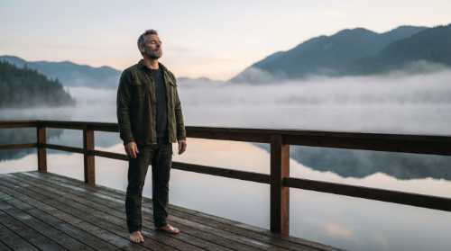 A 45-year-old man standing on a wooden deck overlooking a serene misty lake at dawn, taking a deep, mindful breath. He looks peaceful, grounded, and resilient. Realistic photograph, soft morning light, reflection on the water, cinematic composition.
