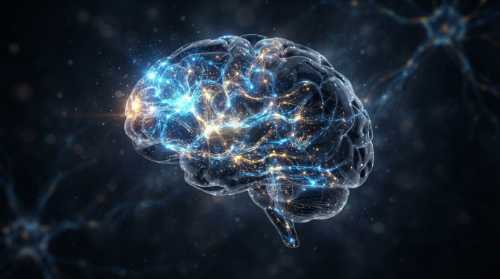 An abstract, elegant representation of a human brain glowing with vibrant blue and gold neural pathways, highlighting a highly connected and active prefrontal cortex. The visual style is premium scientific illustration mixed with a dark atmospheric background, showcasing complex connections and efficiency.
