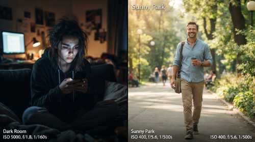 A split-screen concept in a photorealistic style. On one side, a young person on their phone looking overwhelmed in a dark room. On the other side, a smiling, calm 40-year-old man walking in a sunny park with clear posture and peaceful eyes. Contrast of light and emotion, high detail.