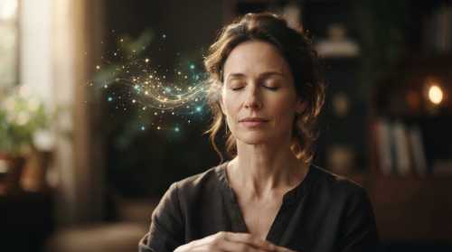 A serene close-up of a 42-year-old woman with closed eyes, in a state of deep mindfulness. Subtle gold and cyan particles gently float around her temple, symbolizing a calm default mode network. High-end editorial photography, shallow depth of field, warm soothing colors.