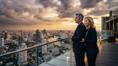 A middle-aged man and woman looking out at a vast, bright city skyline from a high vantage point during golden hour, with their backs partially turned. They look hopeful, powerful, and ready for the future. Atmospheric, cinematic lighting, dramatic clouds, professional photography, clean look.