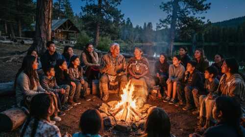 A wide-angle, warm-toned photograph of a community gathering around a campfire in a natural, rustic setting. An elder and a middle-aged individual are at the center, sharing stories with younger members who listen attentively. Authentic, documentary-style photography, firelight glow, deep cultural connection.
