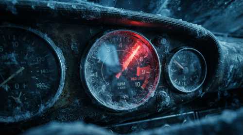 A conceptual close-up photograph of a classic sports car's dashboard revving in the red zone at 8000 RPM, the needle vibrating with intensity, but the car is static, trapped in ice or heavy frost. Cool blue and aggressive red lighting contrast, reflecting the biological wear of emotional freeze. Macro lens, photorealistic, cinematic.