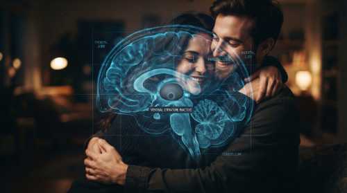 An artistic double exposure photograph showing a warm, affectionate hug between a couple, superimposed with a cold, glowing blue and dark grey brain scan diagram. The brain's reward center (ventral striatum) is dim and inactive, in stark contrast to the physical warmth of the embrace. Conceptual, high-end scientific aesthetic, moody, photorealistic.