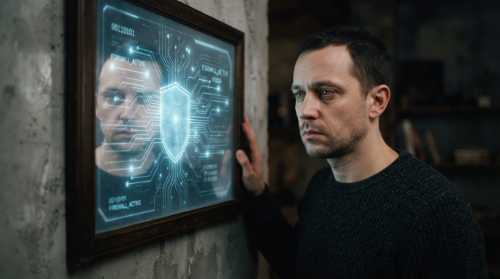 A striking portrait of a man looking blankly into a mirror, but his reflection is obscured by a translucent, glowing glass shield with digital circuit patterns, symbolizing a prefrontal firewall blocking emotions. Soft, muted colors, soft focus background, highly detailed, photorealistic.