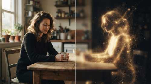 A split-screen style artistic photograph: on one side, a real partner sitting at a kitchen table bathed in warm, normal morning light; on the other side, an ethereal, hazy silhouette of an idealized lover made of golden dust, representing an unachievable fantasy. Moody, dramatic, photorealistic, narrative-driven.