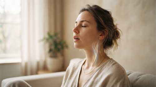 A calm, close-up photograph of a woman exhaling slowly in a peaceful, minimalist room. Her eyes are closed, capturing a sense of profound relief. A subtle, soft-glowing energy pathway (representing the vagus nerve) runs down her neck. Warm, natural morning light, shallow depth of field, serene, photorealistic.