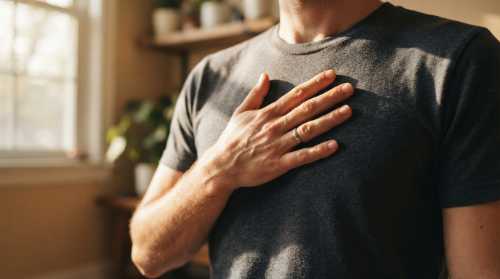 A macro photograph of a person's hand pressed firmly and flatly against the center of their chest over their sternum, on top of a soft texture shirt. Sunbeams filter through a window, highlighting the warmth of the touch. Relaxed posture, intimate angle, clean composition, calming and grounded atmosphere, photorealistic.