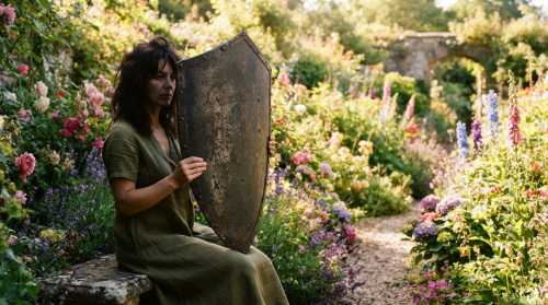 An evocative conceptual photograph of a person sitting in a beautiful, sunny, safe garden filled with blooming flowers, but they are holding up a heavy, weathered iron medieval shield, blocking the warm sunlight. High contrast between the dark, cold metal shield and the vibrant, peaceful garden. Highly detailed, photorealistic, cinematic.