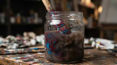 A high-detail macro photograph of a paintbrush dipping into a glass of water. Two distinct colors of vibrant acrylic paint, a deep crimson red and a bright cerulean blue, are swirling together but instead of mixing cleanly, they create a dark, muddy, and messy brown-gray cloud. The brush bristles are visibly stained and clogged. Water droplets on the glass, soft studio lighting, shallow depth of field, high-contrast, hyper-realistic texture.