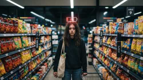 An artistic, conceptual photo of an exhausted individual standing inside a brightly lit, modern supermarket aisle at night. They are staring blankly at a wall of colorful food options, completely frozen and overwhelmed. Overlayed on their forehead is a faint, glowing 3D holographic icon of an empty battery bar pulsing red. Sharp focus on the subject, soft background blur of the grocery shelves, realistic cinematic style.