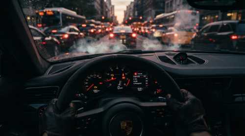 A close-up, high-action photograph of a sleek sports car's dashboard and engine temperature gauge needle spiking into the red zone. Through the windshield, a dense, chaotic city traffic jam is visible at sunset, with tail lights glowing intensely. Steam or light smoke rises from under the hood. Moody, cinematic color grading, high contrast, crisp details of the leather dashboard and glowing digital displays, photorealistic, 35mm lens.